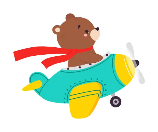 Vector illustration of Cute Bear Animal with Fluttering Scarf Flying on Airplane with Propeller Vector Illustration