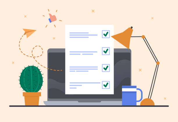 ilustrações de stock, clip art, desenhos animados e ícones de online test with checklist on document - chegada