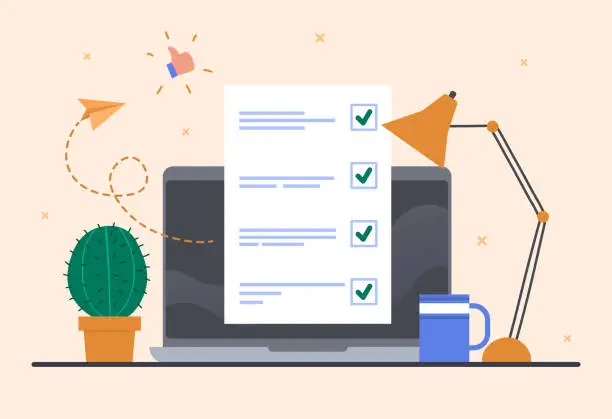 Vector illustration of Online test with checklist on document