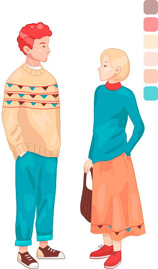 Vector Illustration Of Young Couple. Stylized Characters. Male And Female. Love, Relationship Concept. Trendy Man And Woman Standing, Color Palette Near