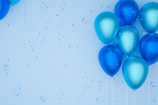 globos de color azul, fondo azul.3D ilustración. photo