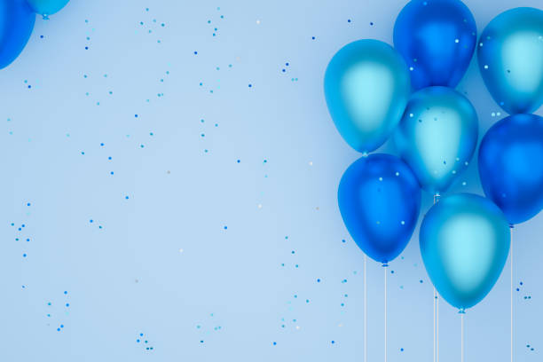 globos de color azul, fondo azul.3d ilustración. - aniversario fotografías e imágenes de stock