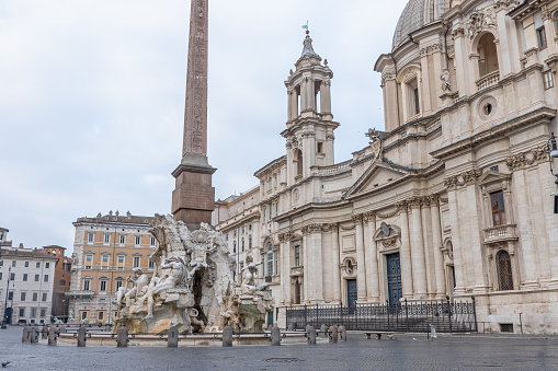 Empty Navona Square with the Fountain of the Four Rivers. Rome. Italy. Horizontally.