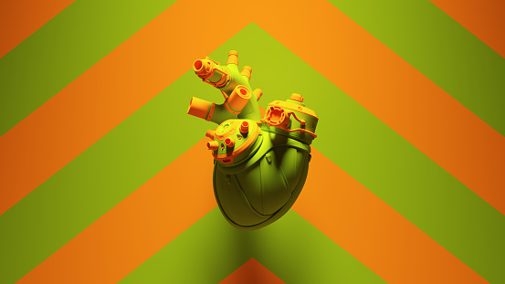 Green Orange Cyborg Heart with Green an Orange Chevron Background 3d illustration render