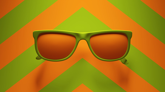Green Orange Retro Shades Sunglasses with Green an Orange Chevron Pattern Background 3d illustration render