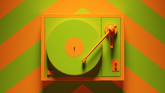 Green Orange Turntable Post-Punk Record Player with Green an Orange Chevron Pattern Background 3d illustration render
