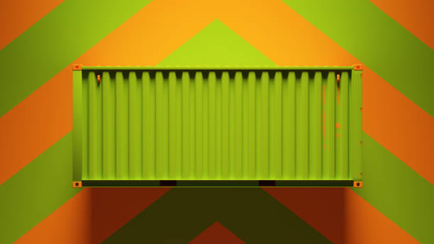 Green Orange Intermodal Cargo Container with Green an Orange Chevron Pattern Background 3d illustration render