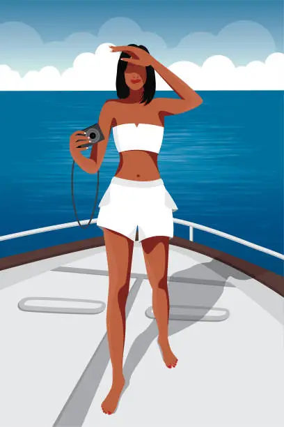 Vector illustration of girl photographer swims on vacation in summer on a yacht with a camera and takes pictures of the seascape and mountains