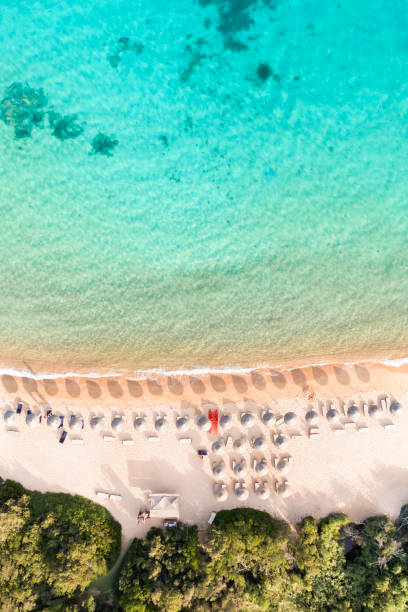 View from above, stunning aerial view of a beautiful beach bathed by a turquoise water and some beach umbrellas illuminated at sunset. Cala di volpe beach, Costa Smeralda, Sardinia, Italy. View from above, stunning aerial view of a beautiful beach bathed by a turquoise water and some beach umbrellas illuminated at sunset. Cala di volpe beach, Costa Smeralda, Sardinia, Italy. Cala Di Volpe stock pictures, royalty-free photos & images