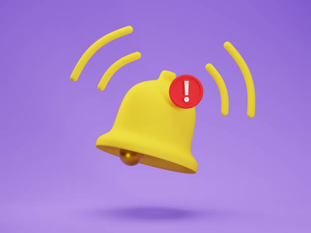 istock 3d render icon of matte yellow notification bell with one new message isolated on purple background. Social media notice event reminder. 3d rendering illustration, concept of notification message 1334521976