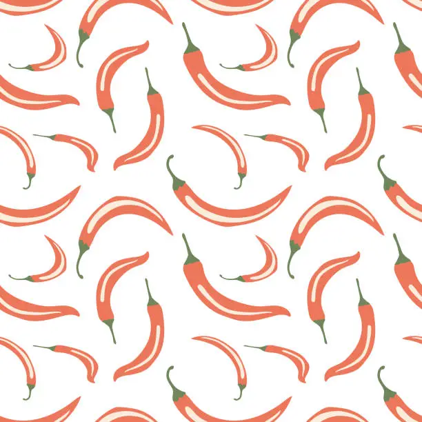 Vector illustration of Red hot chili peppers on a white background. Seamless pattern with vegetables for trendy fabrics, decorative pillows. Vector.