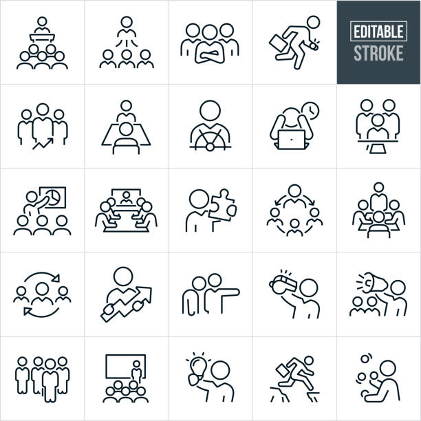 Management Thin Line Icons - Editable Stroke A set of business management icons that include editable strokes or outlines using the EPS vector file. The icons include a business manager giving a presentation to a group of employees, manager with employees, manager with arms folded, business leader with briefcase running, management team, manager interviewing team member, manager at the helm of a ship, overworked manager, manager giving presentation to co-workers, manager giving remote presentation to a group of employees in a boardroom, manager holding a jig-saw puzzle piece, boss holding upwards arrow, manager firing employee, manager blowing whistle, manager shouting through bullhorn to team members, manager holding light-bulb, business leader jumping cliff gap while holding briefcase, manager juggling work tasks and other related icons. project manager stock illustrations