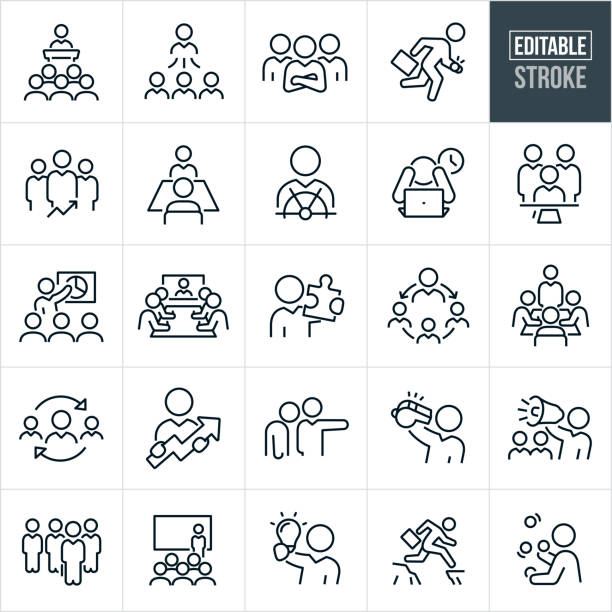 Management Thin Line Icons - Editable Stroke A set of business management icons that include editable strokes or outlines using the EPS vector file. The icons include a business manager giving a presentation to a group of employees, manager with employees, manager with arms folded, business leader with briefcase running, management team, manager interviewing team member, manager at the helm of a ship, overworked manager, manager giving presentation to co-workers, manager giving remote presentation to a group of employees in a boardroom, manager holding a jig-saw puzzle piece, boss holding upwards arrow, manager firing employee, manager blowing whistle, manager shouting through bullhorn to team members, manager holding light-bulb, business leader jumping cliff gap while holding briefcase, manager juggling work tasks and other related icons. delegating stock illustrations