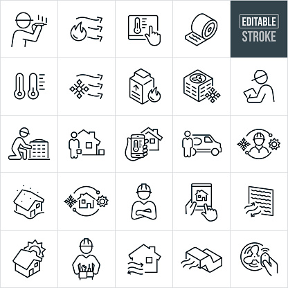 A set of HVAC icons that include editable strokes or outlines using the EPS vector file. The icons include an air conditioner, furnace, service technician, installer, air conditioning, insulation, thermostat, thermometers, HVAC specialist, air conditioner installer, air conditioner installation, HVAC repair, smart-home, home automation, technician and van, summer, winter, technician wearing hardhat, remote control from device, home air filter, ducting, repairman and other related icons.