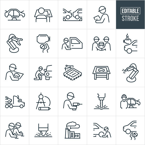 Automotive Manufacturing Thin Line Icons - Editable Stroke A set of automotive manufacturing icons that include editable strokes or outlines using the EPS vector file. The icons include a vehicle assemble line, car being manufactured, automotive engineer, automotive designer at drafting table, automobile industry, automotive manufacturing factory, robotic arm, car factory, vehicle assembly, automotive engineer, car engine assembly, automobile manufacturer, assembly plant, automotive designer, assembly line workers, production engineer, vehicle computer chip, automobile transport, drawing compass, automotive technician, drill press, welding and other automotive manufacturing related icons. car plant stock illustrations