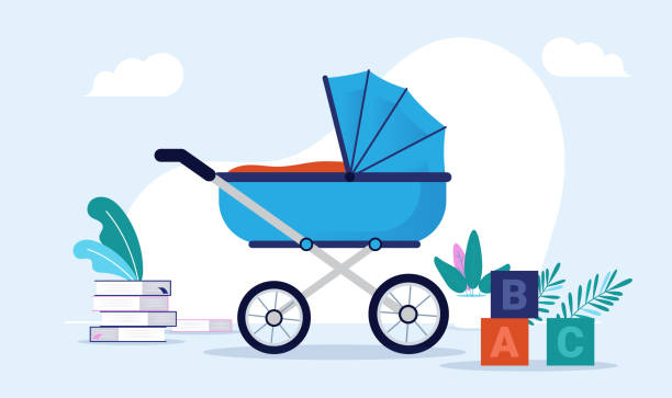 Blue baby carriage vector illustration Pram standing in room with toys and books. Preparing for baby boy concept. baby carriage stock illustrations
