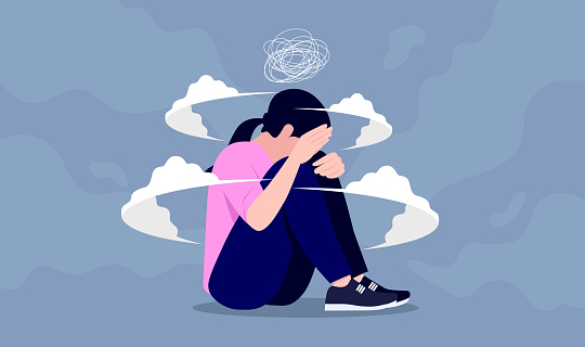 Teen girl having anxiety attack and being depressed. Mental health problems concept. Vector illustration.