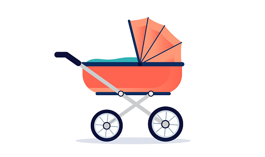 Girls baby pram or stroller in red colour. Vector illustration