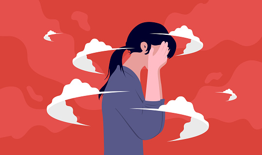 Female person standing with hands covering face feeling depressed on red background. Anxiety and burnout concept. Vector illustration.