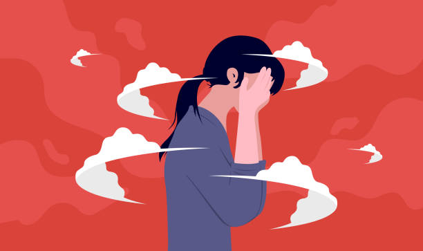 Woman depression Female person standing with hands covering face feeling depressed on red background. Anxiety and burnout concept. Vector illustration. mental burnout illustrations stock illustrations