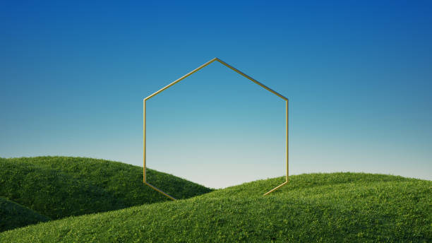 3dレンダリング、パノラマ風景。青空の下に緑の草と空白の六角形の黄金のフレームと抽象的な背景。モダンなミニマルショーケースシーン - bizarre landscape sand blowing ストックフォトと画像