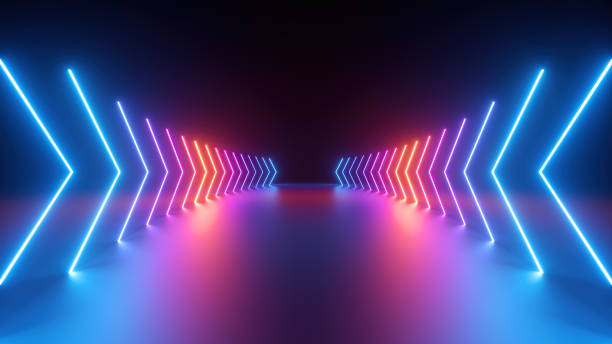 istock 3d render, abstract geometric background with neon glowing arrows, forward direction concept 1334526510