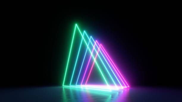 istock 3d render. Abstract neon geometric background with pink and green lines glowing in ultraviolet spectrum 1334526519