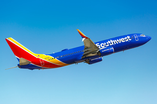 Phoenix, Arizona - April 8, 2019: Southwest Airlines Boeing 737-800 airplane at Phoenix Sky Harbor airport (PHX) in the United States.