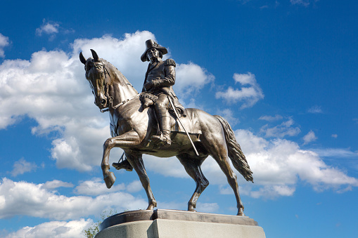 Historic George Washington statue in the Boston Commons\n\nequestrian statue of George Washington by Thomas Ball was installed in Boston's Public Garden.  It was cast and dedicated in 1869 as a gift to the public