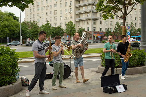 Moscow, Russia - May 28, 2021: Performance by students of musicians at the entrance to Gorky Park, Krymsky Val street