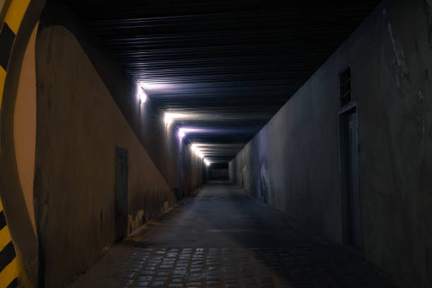 dark underground passage at night criminal time with electricity lighting and shadow dusk environment no people here square shape road symmetry photography dark underground passage at night criminal time with electricity lighting and shadow dusk environment no people here square shape road symmetry photo creepy stalker stock pictures, royalty-free photos & images
