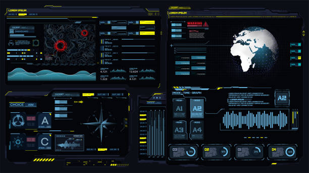 Futuristic dashboard HUD interface. Future frame hologram ui infographic, interactive globe (earth) and cyber sci fi screen FUI.  Data chart, communication and computing digital graphics. Vector Futuristic dashboard HUD interface. Future frame hologram ui infographic, interactive globe (earth) and cyber sci fi screen FUI. control room stock illustrations