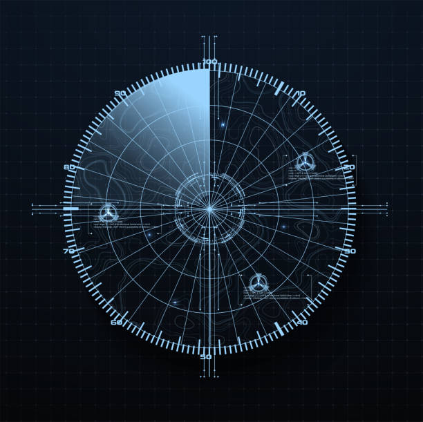 Radar Screen in futuristic HUD style. Air search gadget. military search, system aim. Fui Army target monitoring screen and radar vision interface or navy submarine satellite display interface. Vector Radar Screen in futuristic HUD style. Air search gadget. military search, system aim. Fui Army target monitoring screen sensor stock illustrations