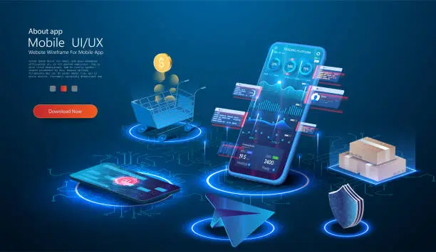 Vector illustration of A financial set isometric elements. Mobile payments. Cryptocurrency exchange market. Financial analytics, airplane, stock trading, shopping cart, bank card, coins, boxes. Isometric vector illustration