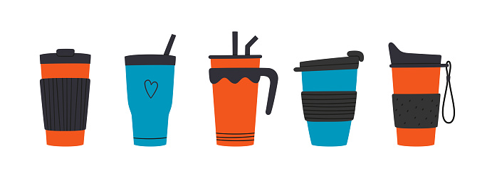 Set of tumblers with cap, handle and straw. Reusable cups and thermo mug. Different designs of thermos for take away coffee. Vector illustrations isolated in flat and cartoon style on white background