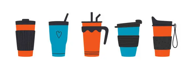 Vector illustration of Set of tumblers with cap, handle and straw. Reusable cups and thermo mug. Different designs of thermos for take away coffee. Vector illustrations isolated in flat and cartoon style