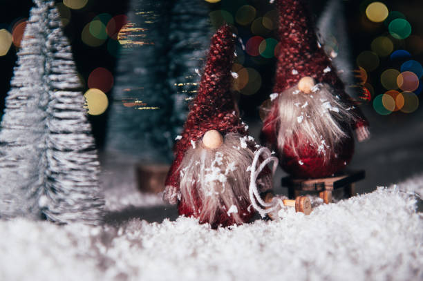 Christmas Gnomes in snowy forest, xmas postcard