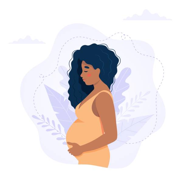 ilustrações de stock, clip art, desenhos animados e ícones de pregnant black woman concept vector illustration in cute cartoon style, healthcare, pregnancy - africana gravida