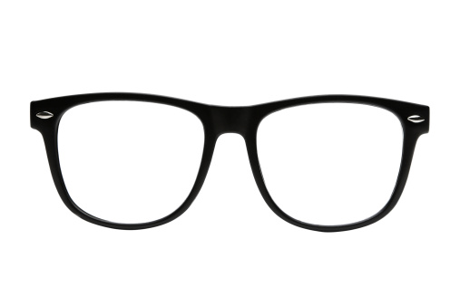 Photo of black nerd glasses isolated on white with clipping path for the frames and lenses so you can easily put your own character in.