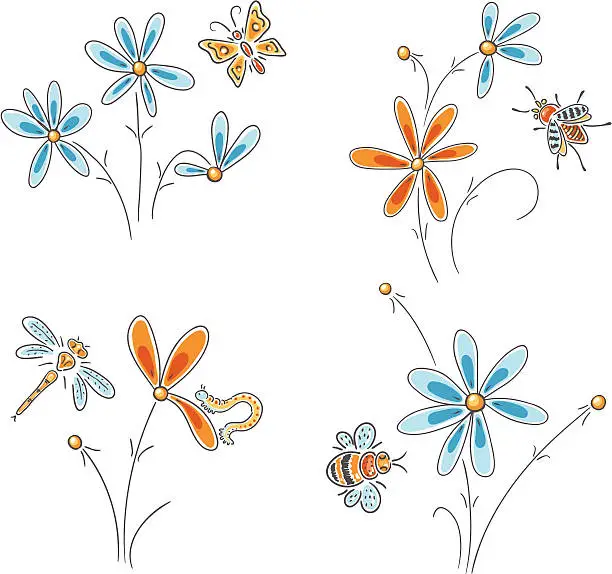 Vector illustration of Insects and Flowers