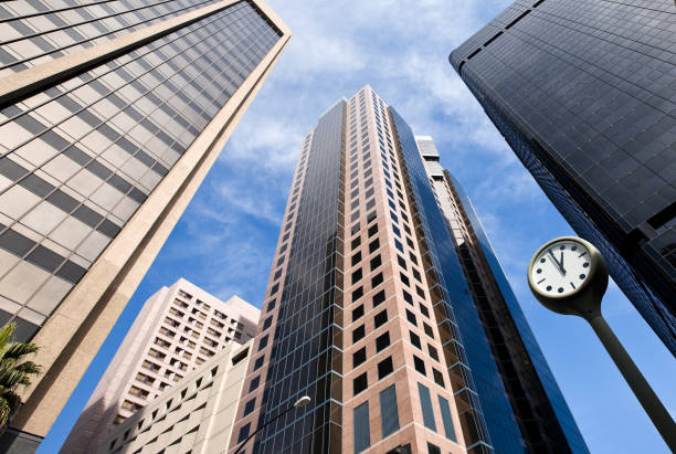 View on skyscrapers and a clock in San Diego financial district.