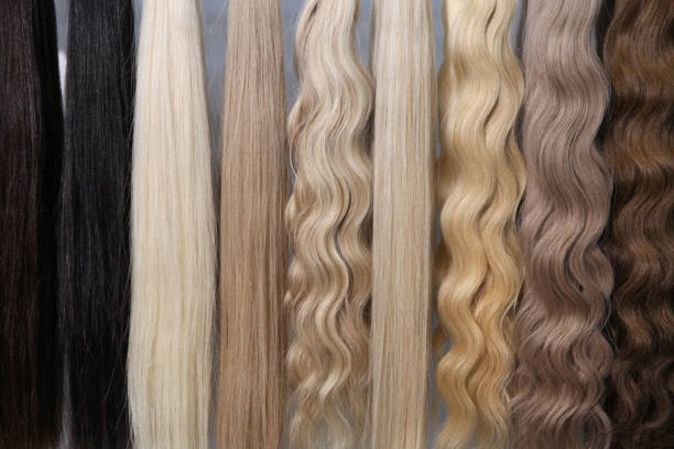 istock Hair samples for extensions from light to dark, straight and curly 1334561904