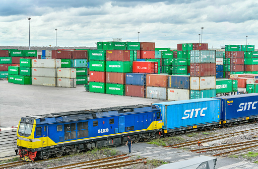 Bangkok, Thailand - Aug 15, 2021:Packing and separating railway station Lat Krabang was built for convenience Provide services to exporters importers in all activities related to container products.