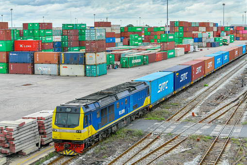Bangkok, Thailand - Aug 15, 2021:Packing and separating railway station Lat Krabang was built for convenience Provide services to exporters importers in all activities related to container products.