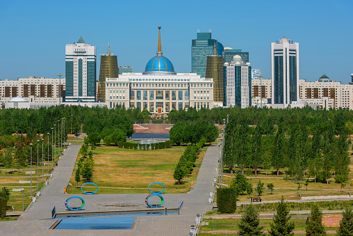 Top view of the residence of the President of Kazakhstan, the government, parliament and the Senate of Kazakhstan in the city of Nur-Sultan