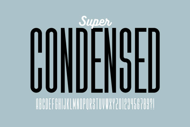 Super condensed style font design, tall alphabet, letters and numbers vector illustration