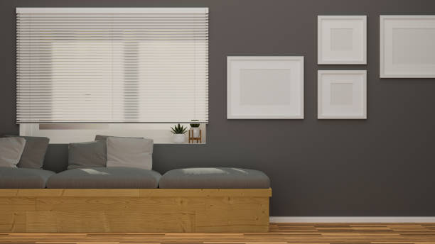 istock Comfortable modern living room with poster frame mockup on grey wall 1334570771