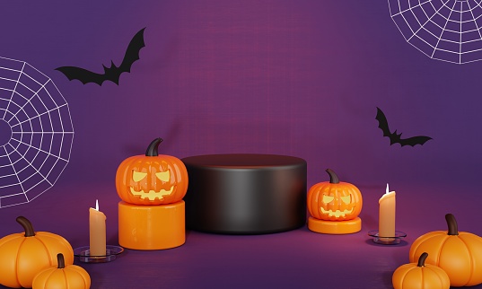 Halloween day orange black with pumpkin and bats product podium stage and spooky candlelight on purple background. Holiday and season concept. Spooky and funny theme. 3D illustration rendering