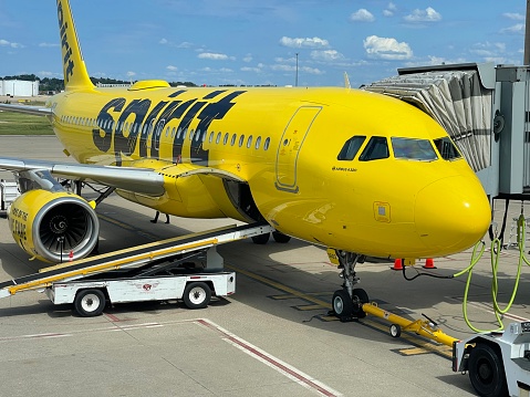 Pittsburgh, PA  USA - August 14, 2021: Pittsburgh, Spirit Airlines Jet at Airport Terminal