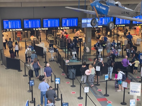 Pittsburgh, PA  USA - August 14, 2021: Pittsburgh, Empty Pittsburgh International Airport TSA Entry Line During Last Months of Covid-19 Pandemic Crisis